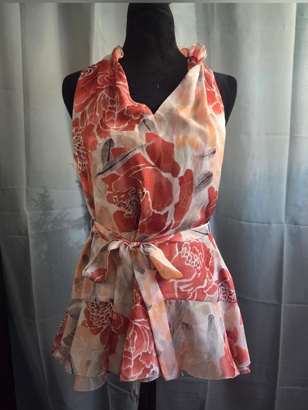 White House Black Market Coral Floral Halter Tie-Waist Blouse